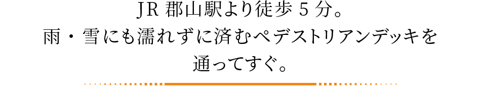 JR郡山駅より徒歩5分。雨・雪にも濡れずに済むペデストリアンデッキを通ってすぐ。